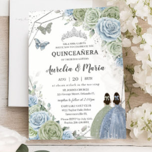 Quinceañera Sage Green Blue Floral Twins Silver Einladung