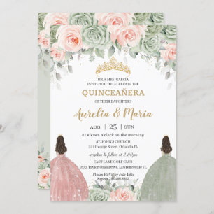 Quinceañera Sage Green Blush Floral Gold Twins Einladung