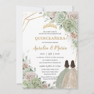 Quinceañera Sage Green Champagne Gold Floral Twins Einladung
