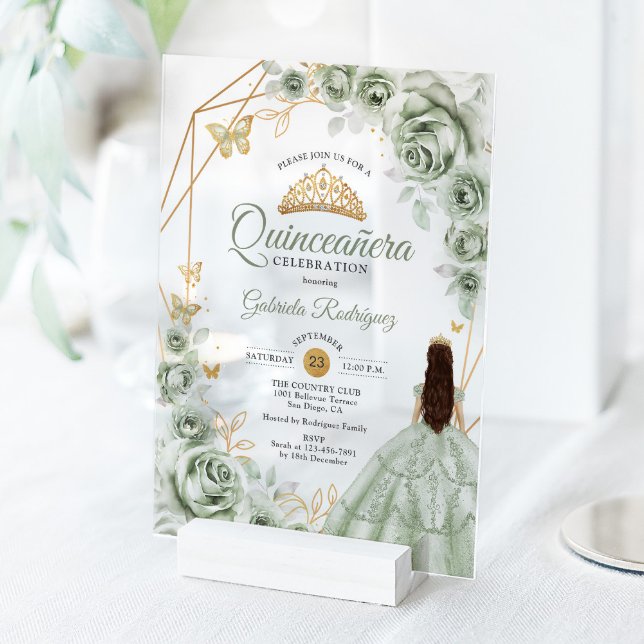 Quinceanera Sage Green Dress Floral Gold Acryleinladungen (Von Creator hochgeladen)