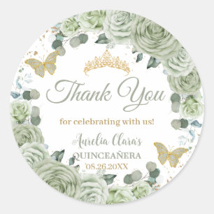 Quinceañera Sage Green Floral Butterfells Gold Runder Aufkleber