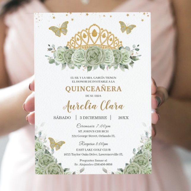 Quinceañera Sage Green Floral Gold Crown Español Einladung (Von Creator hochgeladen)