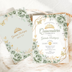 Quinceanera Sage Green Floral Gold Einladung