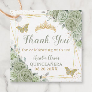 Quinceañera Sage Green Floral Gold Schmetterlinge Geschenkanhänger