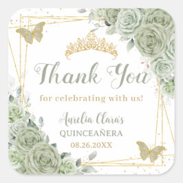 Quinceañera Sage Green Floral Gold Schmetterlinge Quadratischer Aufkleber