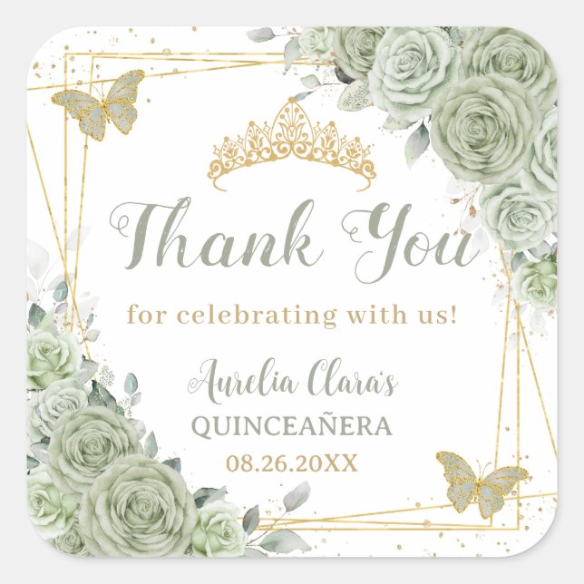 Quinceañera Sage Green Floral Gold Schmetterlinge Quadratischer Aufkleber (Vorderseite)