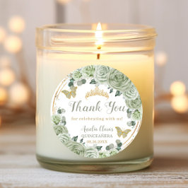 Quinceañera Sage Green Floral Gold Schmetterlinge Runder Aufkleber