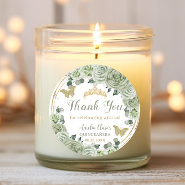 Quinceañera Sage Green Floral Gold Schmetterlinge Runder Aufkleber (Von Creator hochgeladen)