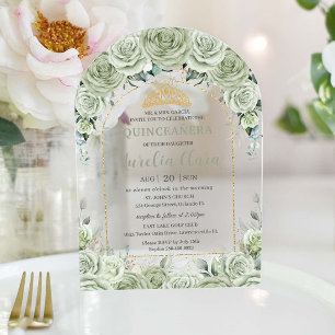 Quinceanera Sage Green Floral Modern Gold Arch Acryleinladungen