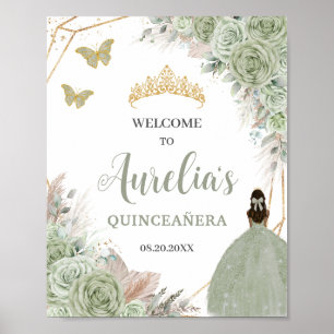 Quinceañera Sage Green Floral Pampas Gras Willkomm Poster