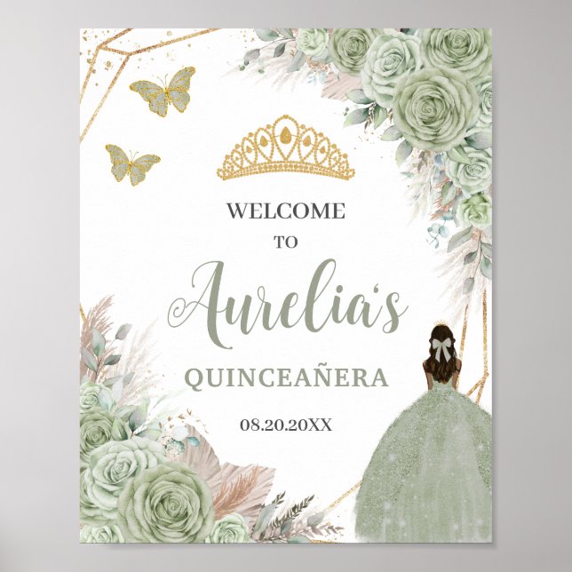 Quinceañera Sage Green Floral Pampas Gras Willkomm Poster (Vorne)