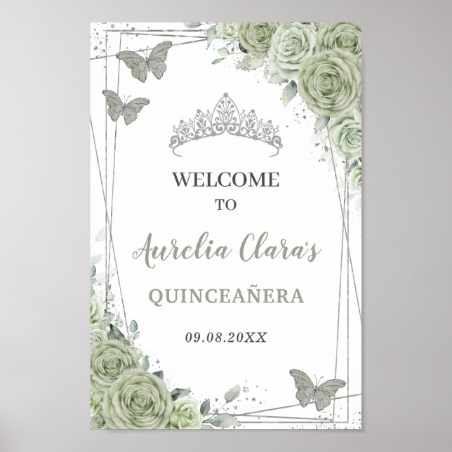 Quinceañera Sage Green Floral Silber Begrüßungszei Poster (Vorne)