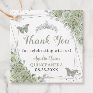 Quinceañera Sage Green Floral Silberschmetterlinge Geschenkanhänger