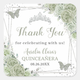 Quinceañera Sage Green Floral Silberschmetterlinge Quadratischer Aufkleber