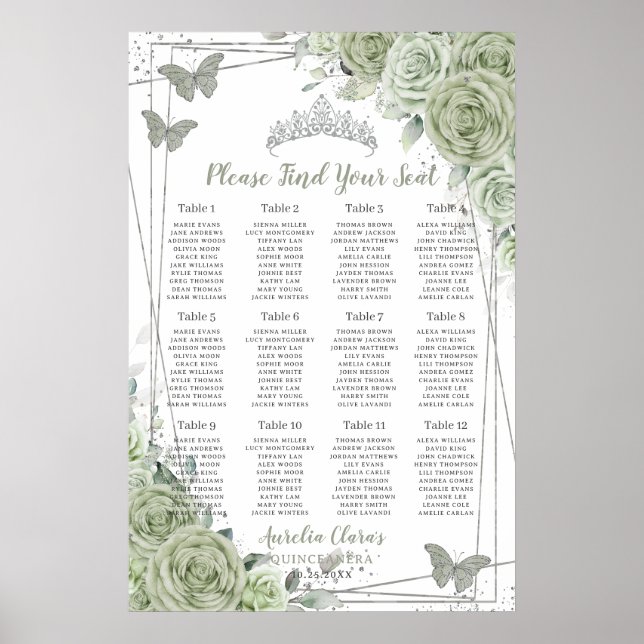 Quinceañera Sage Green Floral Silver Seating Chart Poster (Vorne)