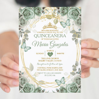 Quinceañera Sage Green & Gold Crossfly Einladung