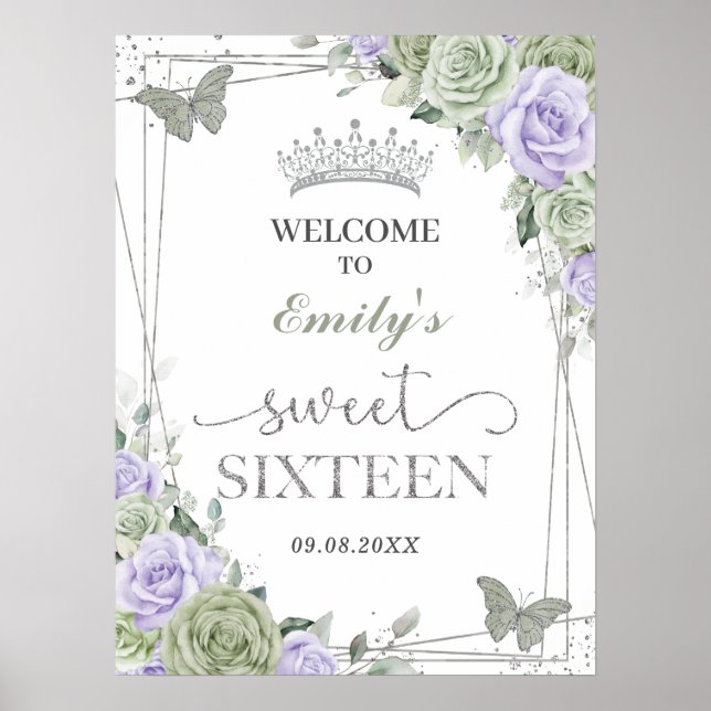 Quinceanera Sage Green Lila Floral Begrüßungszeich Poster (Vorne)