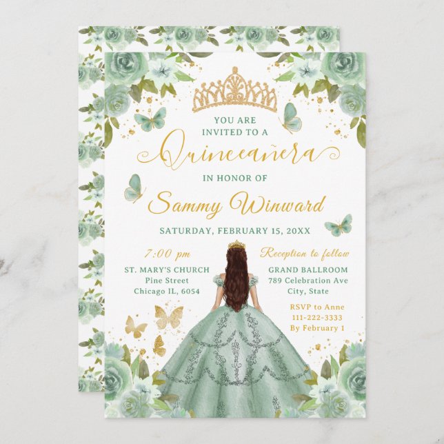 Quinceañera Sage Green Princess Brunette Girl Einladung (Vorne/Hinten)