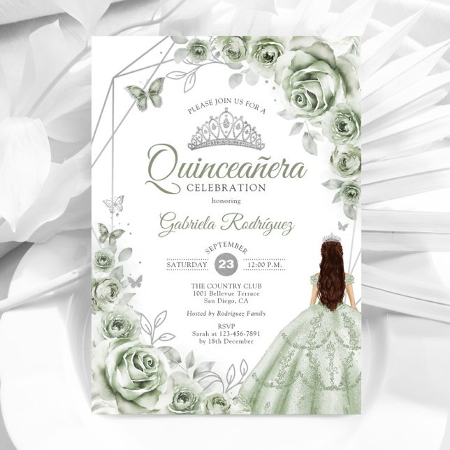 Quinceanera Sage Green Silver Dress Floral Einladung (Von Creator hochgeladen)