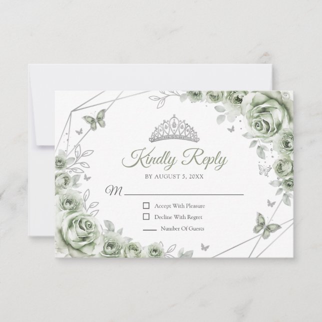 Quinceanera Sage Green Silver Floral Reply RSVP Karte (Vorderseite)