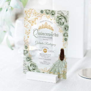 Quinceanera Sage Grün Gold Blumen Acryleinladungen
