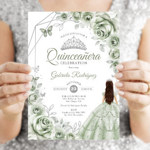 Quinceanera Sagegrün Silbernes Kleid Floral Einladung
