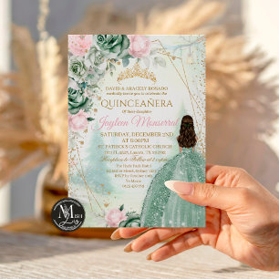 Quinceañera Salbeigrün Babyrosa Floral Whimsisch Einladung