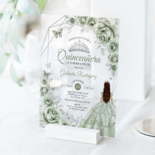 Quinceanera Salbeigrünes Kleid Floral Silber Acryleinladungen