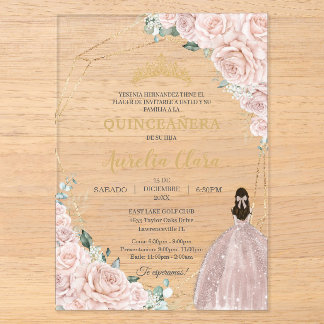 Quinceañera Sanfte Rosa Rosen Floral 15 Jahre Acryleinladungen