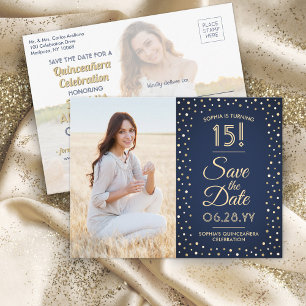 Quinceañera Save the Date 2 Foto Navy Blue & Gold Einladungspostkarte