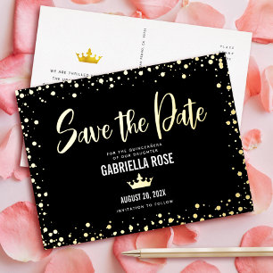 Quinceañera Save the Date Black Crown Real Gold Folie Einladungspostkarte