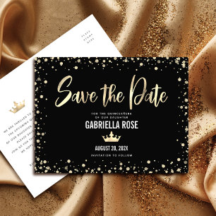 Quinceañera Save the Date Black Gold Glitzer Crown Einladungspostkarte
