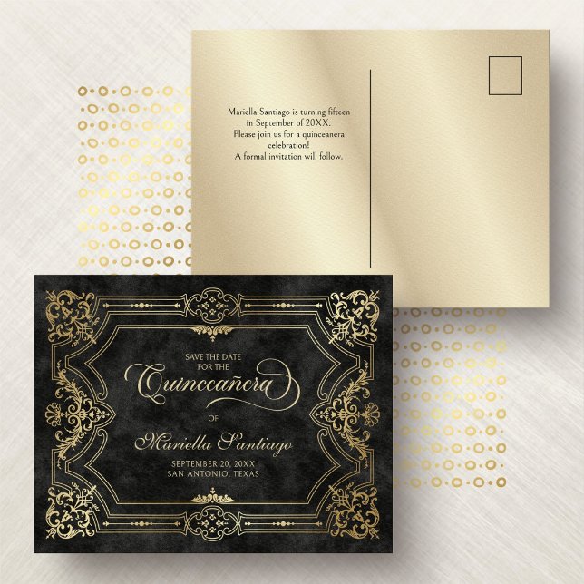 Quinceanera Save the Date Black Postcard Postkarte (Von Creator hochgeladen)