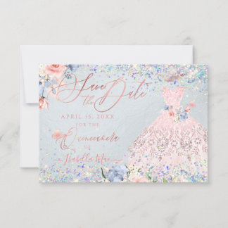 Quinceanera Save the Date Blush Pink Glitzer Gown Einladung