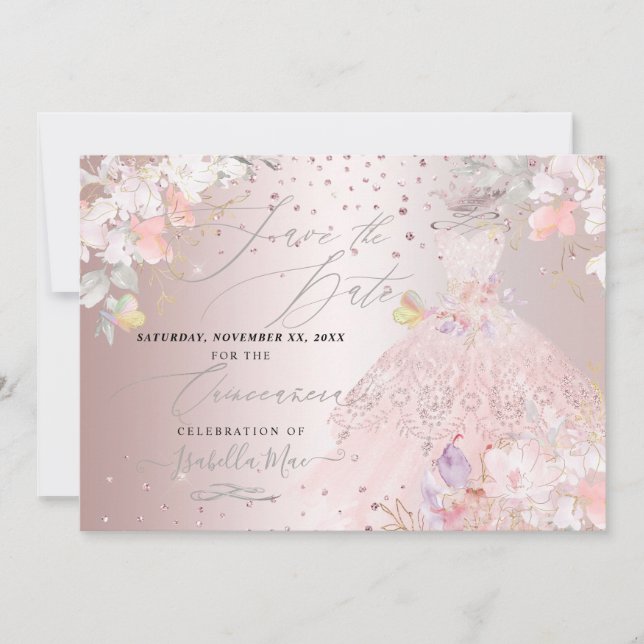 Quinceanera Save the Date Blush Rose Platterbsen Einladung (Vorderseite)