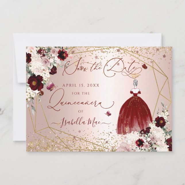 Quinceanera Save the Date Burgund Gown Einladung (Vorderseite)