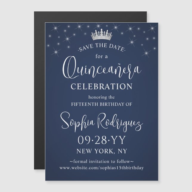 Quinceañera Save the Date Elegant Navy Blue Magneteinladung (Vorne/Hinten)