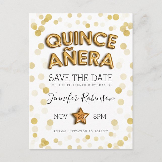 Quinceanera Save the Date Gold steigt Glitzer im Ankündigungspostkarte (Vorderseite)