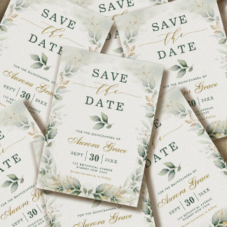 Quinceanera Save-the-Date-Karte mit Grün und Gold  Einladung