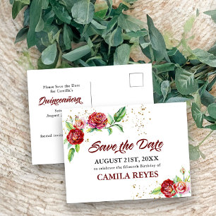 Quinceanera Save-the-Date-Karte mit roten Rosen im Ankündigungspostkarte