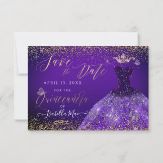 Quinceanera Save the Date Lila Gliter Gown Einladung