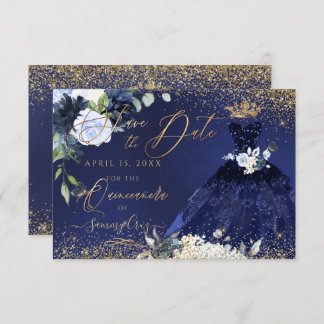 Quinceanera Save the Date Navy Blue Gown Einladung