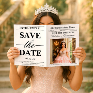 Quinceañera Save the Date Newspaper Photoshoot Karte