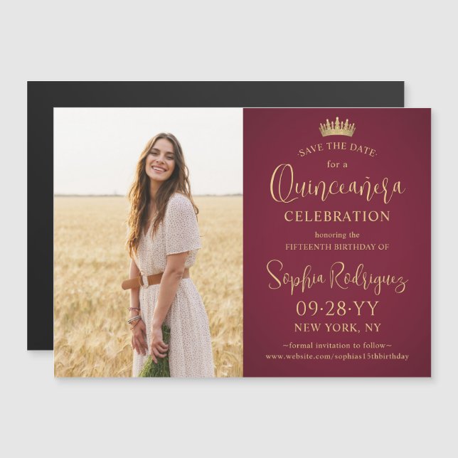 Quinceañera Save the Date Photo Burgundy and Gold Magneteinladung (Vorne/Hinten)