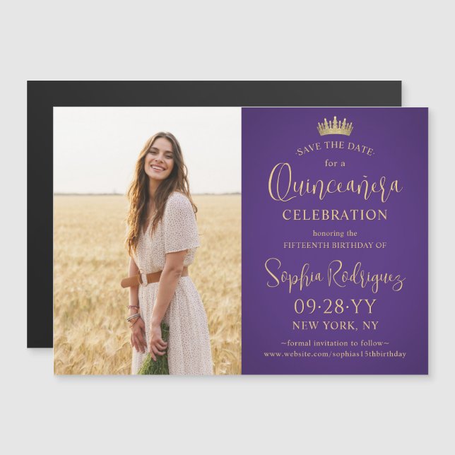Quinceañera Save the Date Photo Purple and Gold Magneteinladung (Vorne/Hinten)