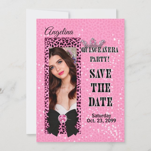 Quinceanera Save the Date Pink Cheetah Print Einladung (Vorderseite)