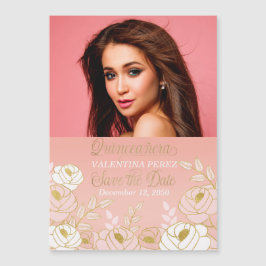 Quinceanera Save the Date Pink Gold Botanisch Magnetkarte