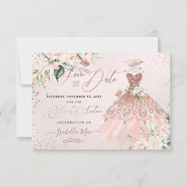 Quinceanera Save the Date Rose Gold Sweet 16 Einladung (Vorderseite)