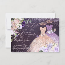 Quinceanera Save the Date Rosen Gold Staubig Viole