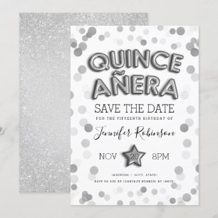 Quinceañera Save the Date silberner Ballon-Glitzer Einladung